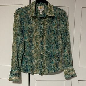 Talbots Petites Teal and Brown Snake Patterned Shirt